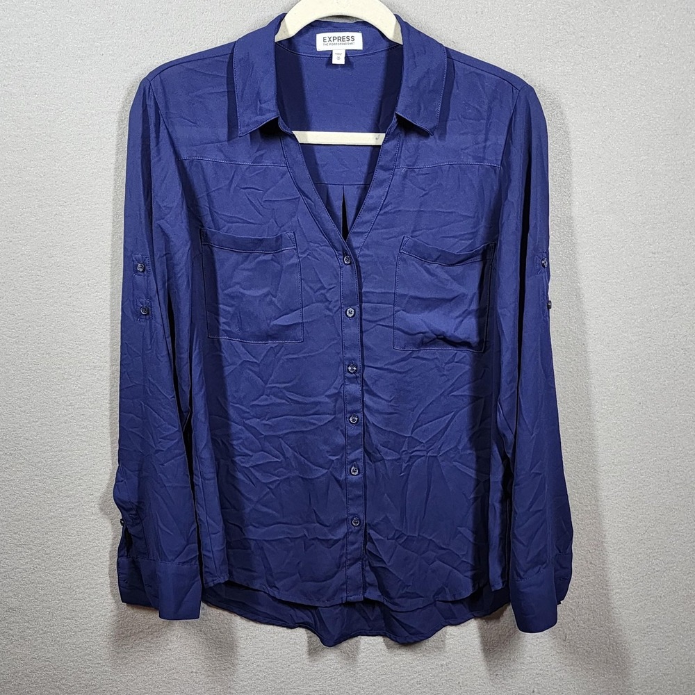 Express Portofino Shirt Womens Medium Blue Roll Tab Button Front Blouse Top